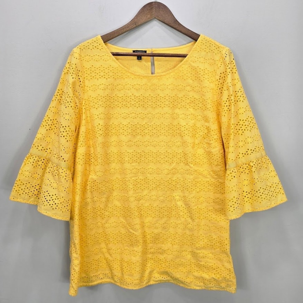 Talbots Top Blouse 1X Yellow Eyelet Bell Sleeve Boho Cottagecore Embroidered